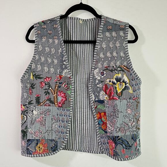 Vintage‎ Floral Tapestry Handmade Quilted Cotton Vest Open Front Kantha Small - Picture 1 of 7